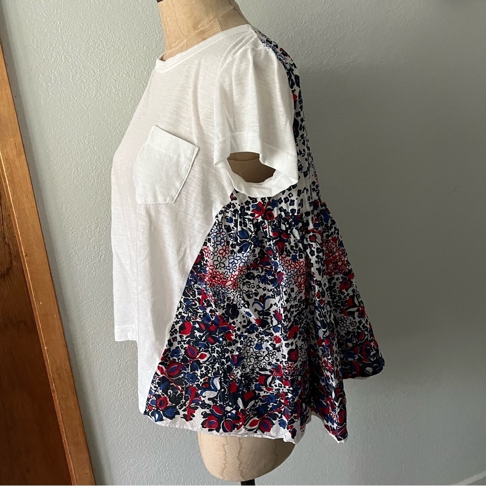 SOLD SACAI sz 2 S WHITE Linen Tee Flare Back Floral Print Short Sleeve Tshirt - Picture 1 of 12